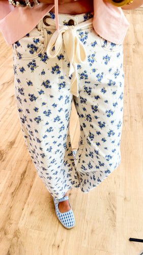 Cream and Blue Floral Printed Jeans