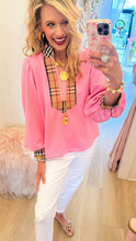 Bubble Gum Pink and Taupe Accent Blouse