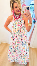 White Multi Garden Print Neck Tie Dress