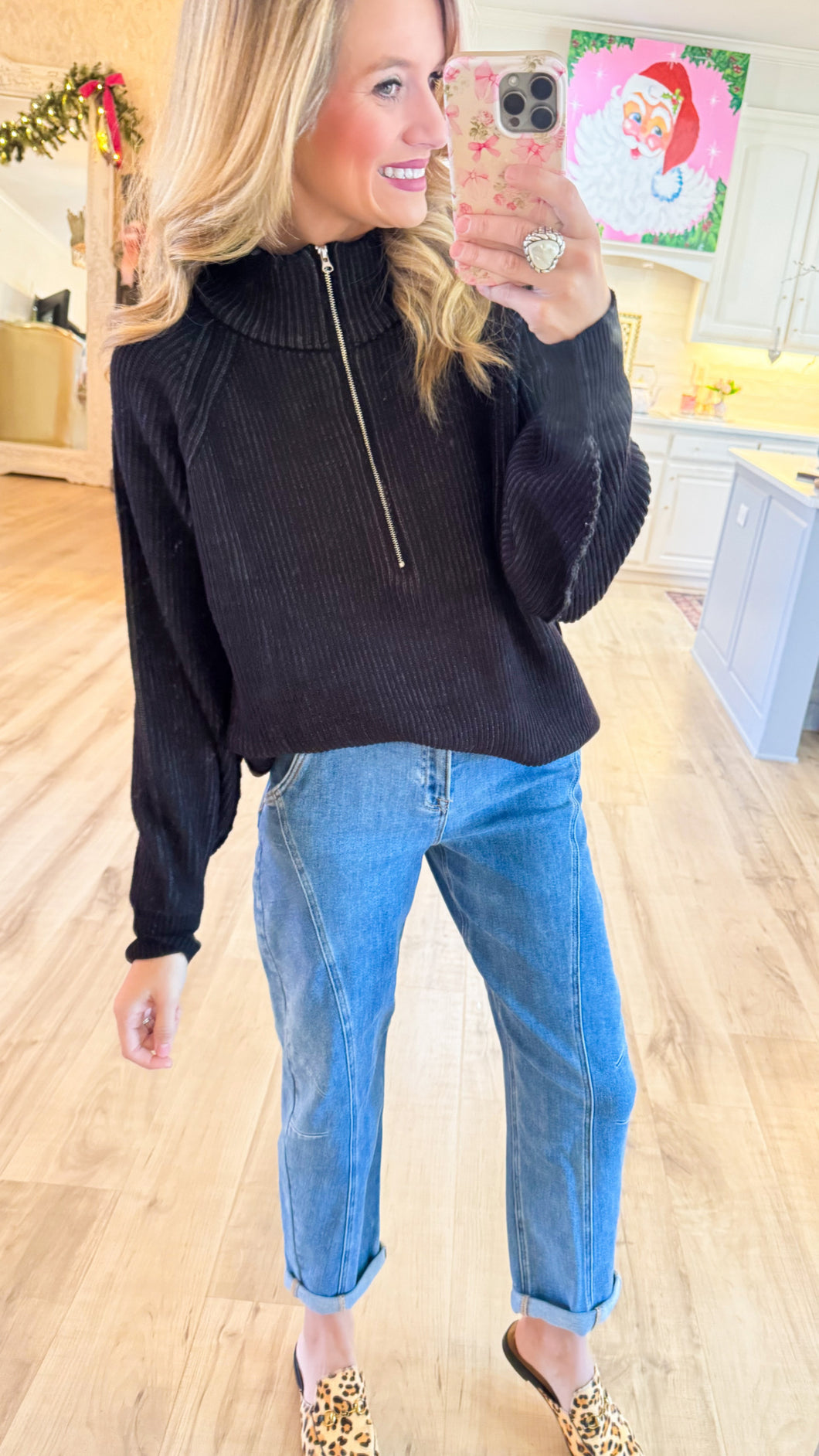 Black Two Tone Half Zip Sweater