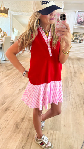 Red and Pink Striped Contrast Dress