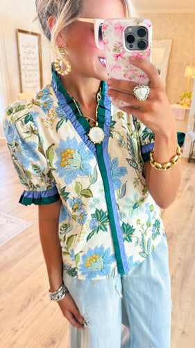 Ecru Floral Print Ruffle Puff Sleeve Top