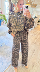 Brown Leopard Print Washed French Terry Pant Set