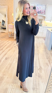 Black Long Sleeve Mock Neck Midi Dress