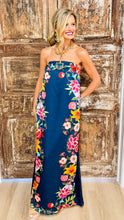 Navy Floral Detailed Strapless Dress