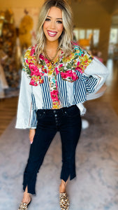 Floral and Striped Button Down Jacket