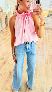 Pink Ruffle Neck Tie Sleeveless Top