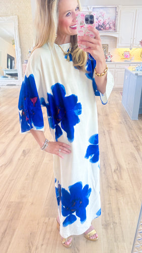 Blue Floral Print Pull Over Maxi Print