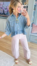 Denim Ruffle Hem Button Up Top