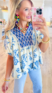 Blue Printed Boho Puff Sleeve Top