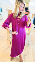 Plum Satin Feather Trim Midi Dress
