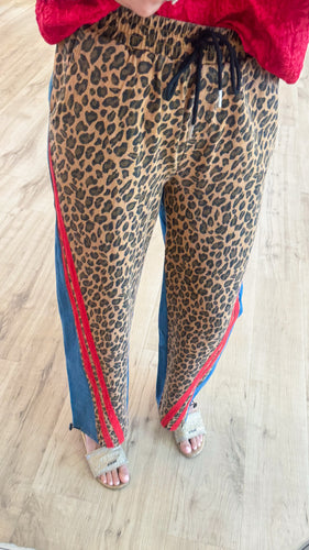 Washed Leopard Red and Denim Mix and Match Joggers