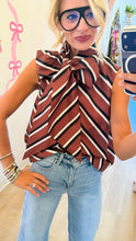 Brown Stripe Sleeveless Neck Tie Top