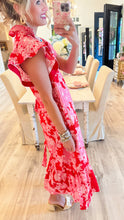Red Floral Print Flutter Sleeve Midi Dress