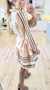 Tan and Black Long Sleeve Lace Trim Dress
