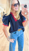 Navy Plaid Contrast Puff Sleeve Top