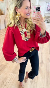 Red and Taupe Accent Blouse