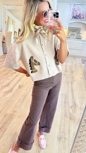 Oatmeal Horse Motif Cropped Sweater