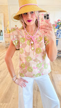 Beige and Pink Floral Embossed Flutter Sleeve Top