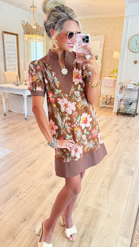 Brown Floral Puff Sleeve Mini Dress