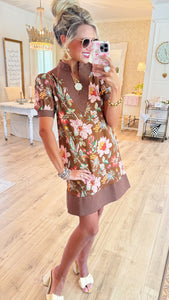 Brown Floral Puff Sleeve Mini Dress
