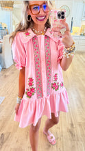 Pink Embroidered Puff Sleeve Mini Dress