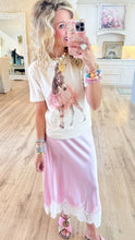 Pink Satin White Lace Trim Midi Skirt