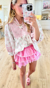 White and Pink Floral Embroidery Detail Top