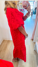 Red Puff Sleeve Jacquard Midi Dress