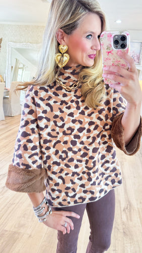 Brown Animal Print Sweater with Fur Cuffs