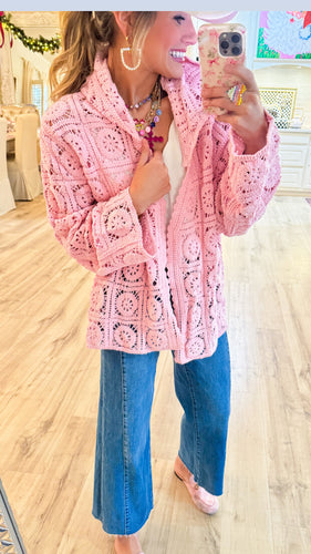 Candy Pink Crochet Open Sweater