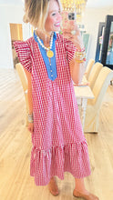 Red Gingham Flutter Sleeve Midi Dress