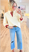 Ivory Stripe Contrast Ruffle Neck Top