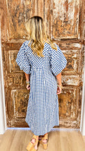 Blue Gingham Puff Sleeve Midi Dress