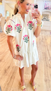 Cream Floral Bubble Sleeve Dress