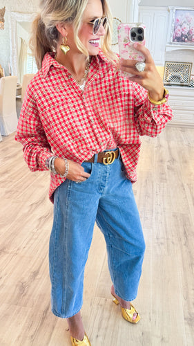 Boho Red Plaid Button Down Washed Shirt