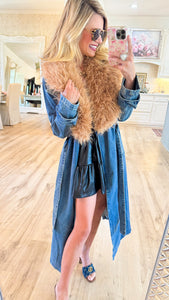 Long Denim Jacket with Fur Collar