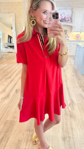 Red Navy Accented Tab Pullover Mini Dress