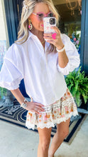 White Bubble Sleeve Button Up Top