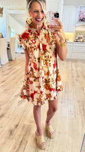 Taupe and Red Floral Mini Dress
