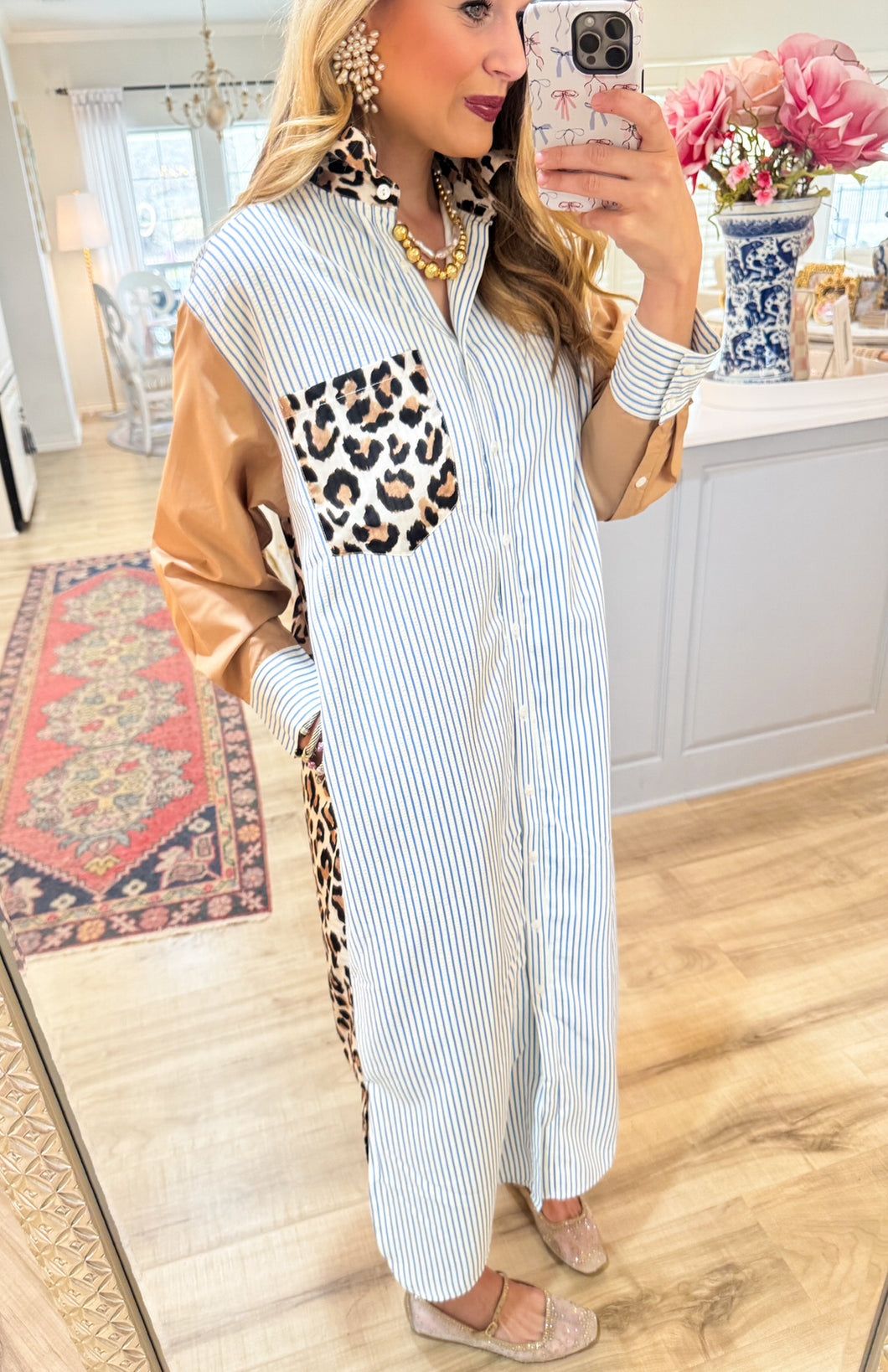 Blue Stripe Leopard Contrast Midi Dress