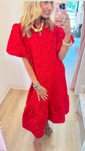 Red Puff Sleeve Jacquard Midi Dress