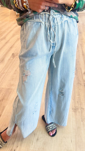 Denim Distressed Wide Leg Pants