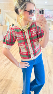 Taupe Plaid Puff Sleeve Knit Sweater