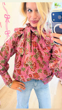 Pink Floral Ruffle Neck Tie Top