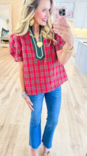 Red Plaid Caftan V Neck Top