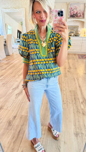 Teal Tulip Printed Puff Sleeve Top