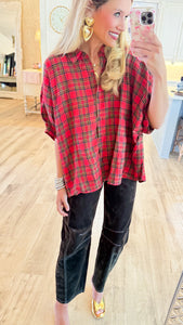 Red Multi Plaid Oversized Top