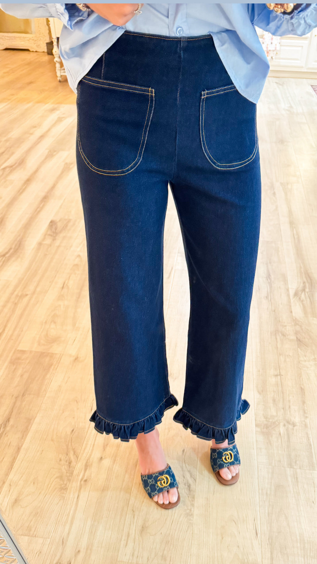 Denim Mineral Washed Ruffle Hem Pants