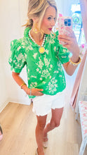 Green Floral Embroidered Scalloped Ruffle Mock Neck Top
